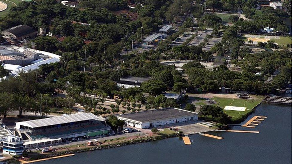 Aerial view of Logoa Stadium, site of the rowing venue on Lagoa Rodrigo de Freitas on Lagoa Rodrigo de Freitas