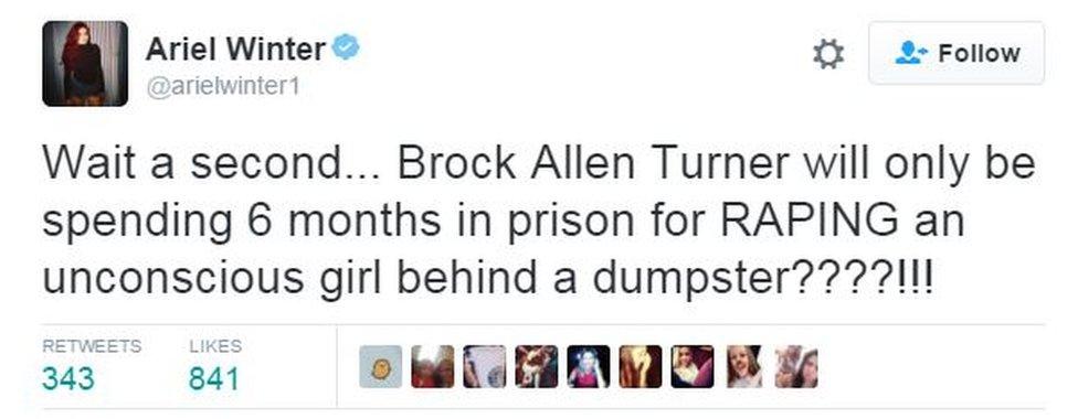 Screen grab from Twitter user Ariel Winter reads: "Wait a second... Brock Allen Turner will only be spending six months in prison for raping an unconscious girl behind a dumpster?!"