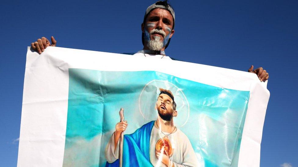 An Argentina fan shows support for Lionel Messi of Argentina prior to the 2018 FIFA World Cup Russia group D match between Argentina and Croatia at Nizhny Novgorod Stadium on June 21, 2018