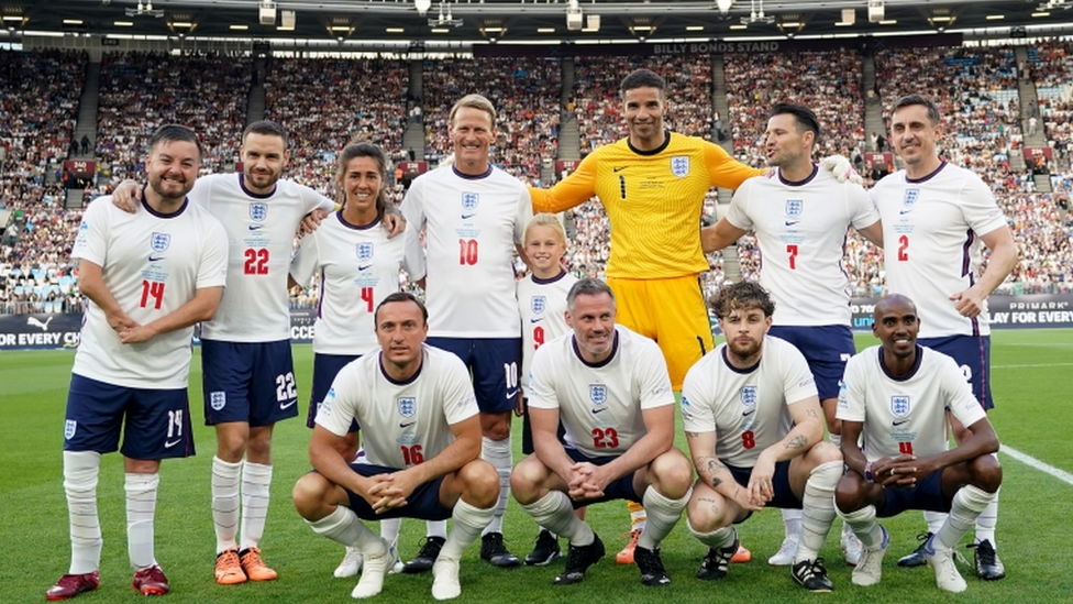 England players line up before the Soccer Aid for UNICEF match at The London Stadium,