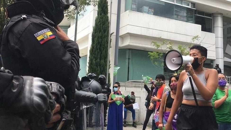 Activists from Ecuadorian feminist groups demonstrate in favor of the decriminalization of abortion in Quito