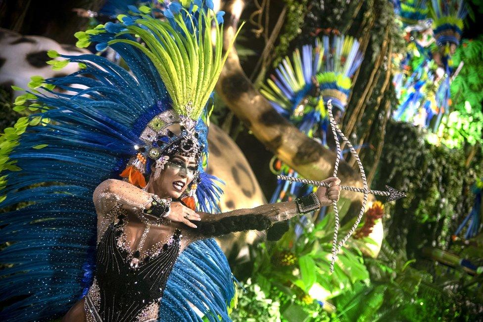 A performer dances during Mangueira performance at the Rio de Janeiro Carnival at Sambodromo on March 4, 2019 in Rio de Janeiro, Brazil