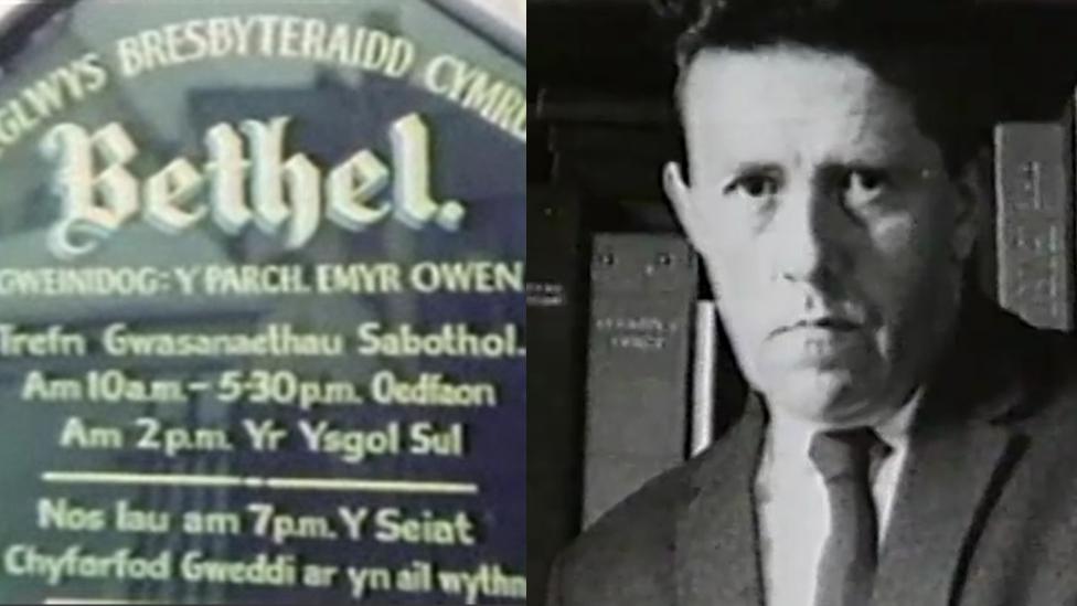 Arwydd Capel Bethel, Tywyn, a llun o'r Parch Emyr Owen