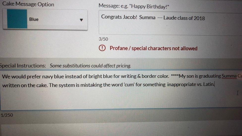 She shared a screenshot of the Publix website with the BBC showing the term "cum" as a "profanity".