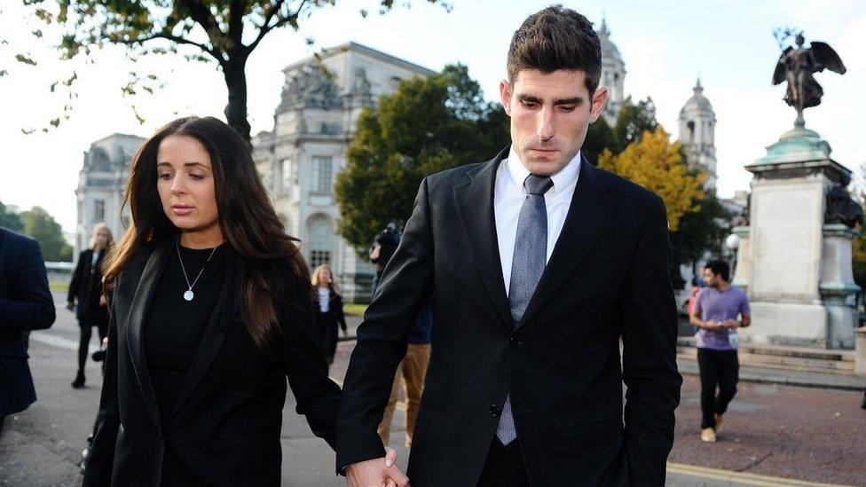 Ched Evans leaves court with his fiancee Natasha Massey