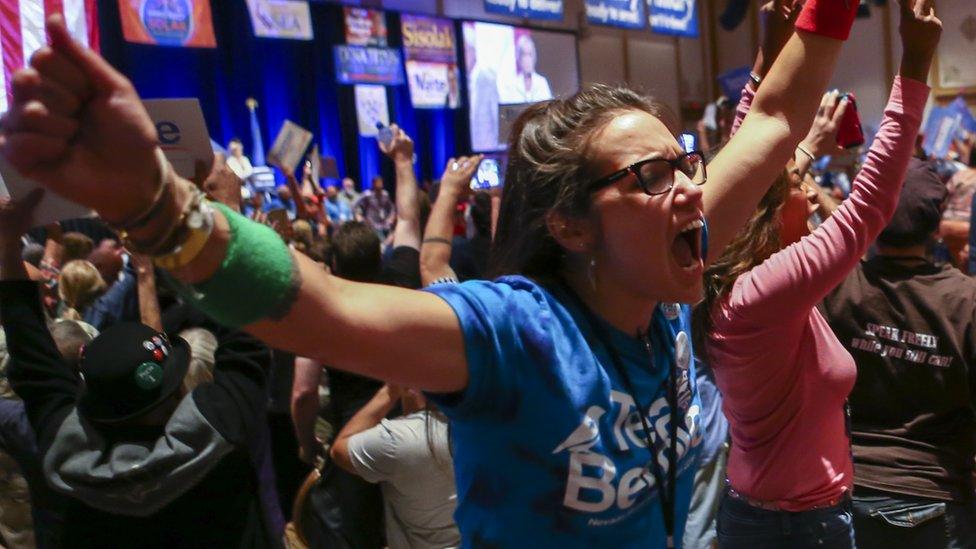 A Bernie Sanders supporter shouts at the Nevada State Democratic Convention on 13 May.