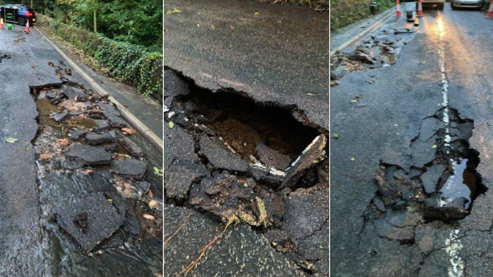 Burst water pipe on the B5035 Crich Road, between Whatstandwell and Crich, in Derbyshire