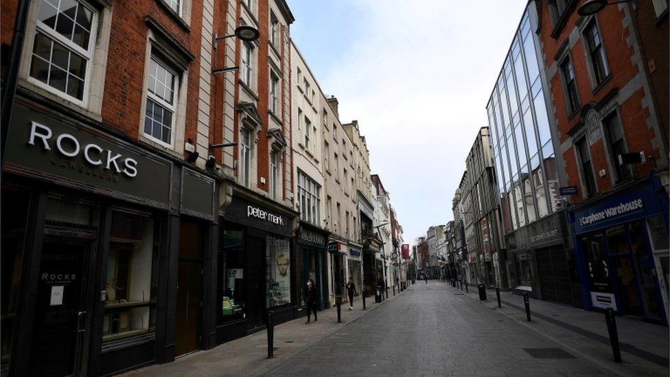 Empty city centre shopping street is seen, amid the outbreak of coronavirus disease (COVID-19), in Dublin, Ireland