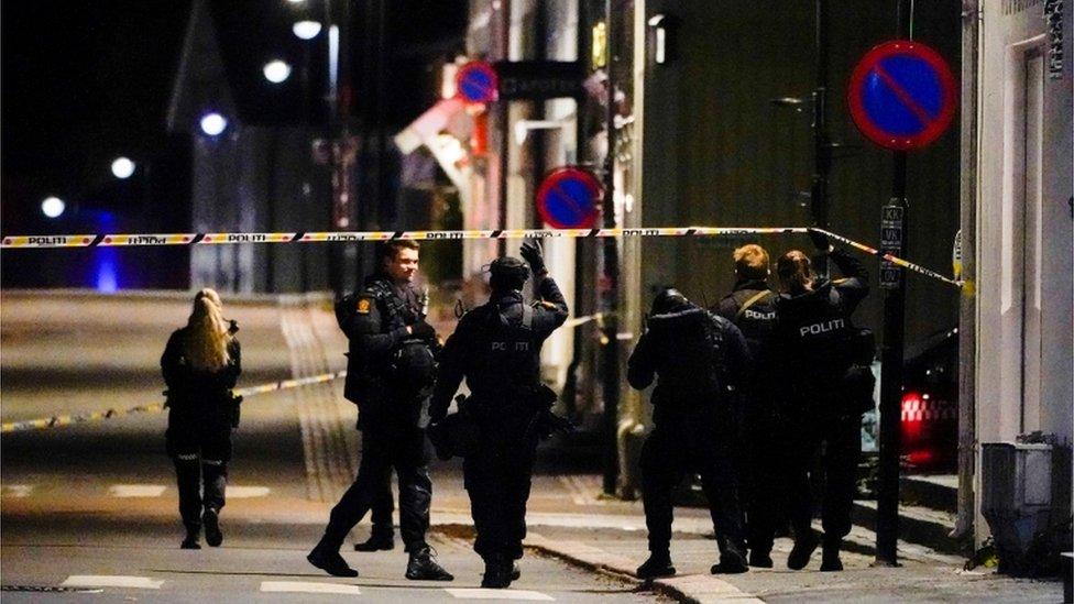 Armed police on the streets of Kongsberg after an attacker opened fire on people with a bow and arrow