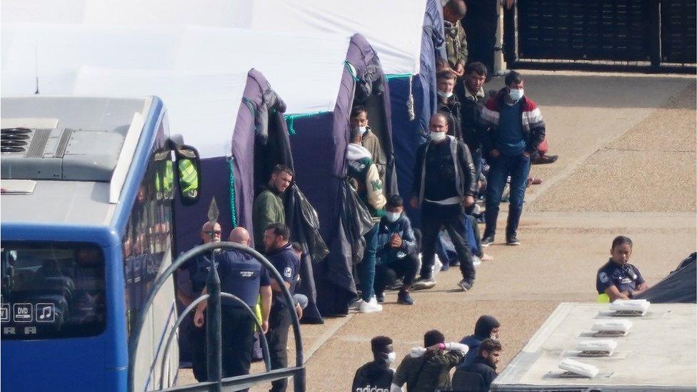 Migrants in specially erected tents in Dover