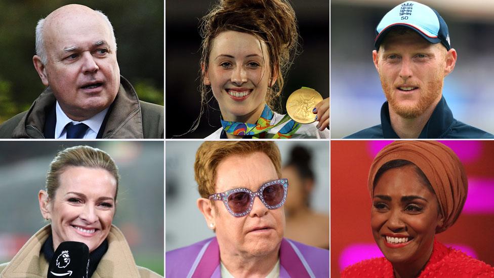 (Clockwise from top left) Iain Duncan Smith, Jade Jones, Ben Stokes, Nadiya Hussain, Elton John, Gabby Logan