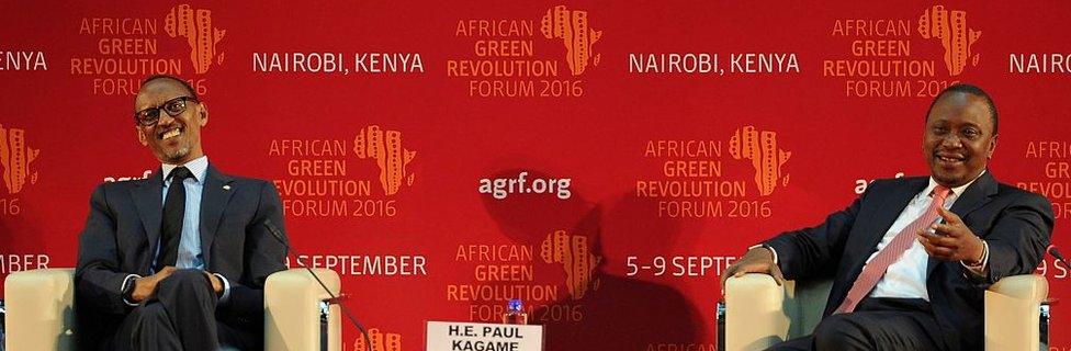 Rwandan President Paul Kagame and Kenyan President Uhuru Kenyatta appear on stage together in 2016 at the UN headquarters in capital, Nairobi