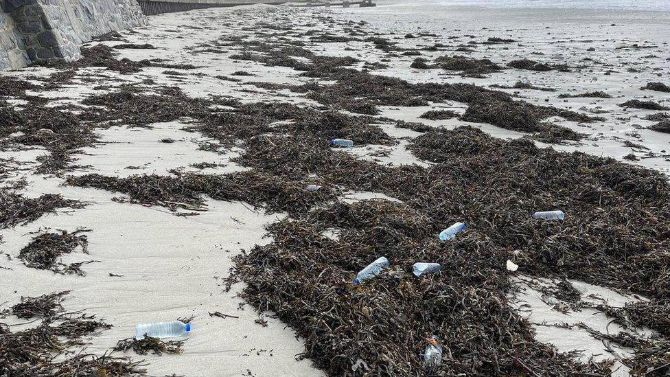 Washed up bottles on beach