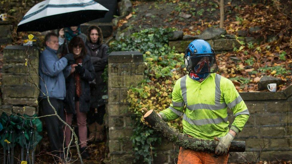 A tree worker holds a piece of trunk in front of residents in Sheffield