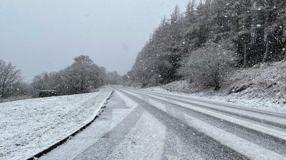 Snowy road near Llyn Celyn, Bala, Gwynedd