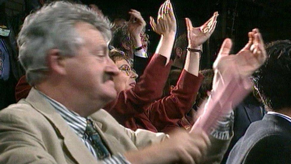 Yes campaigners celebrate their narrow referendum victory for Welsh devolution in 1997