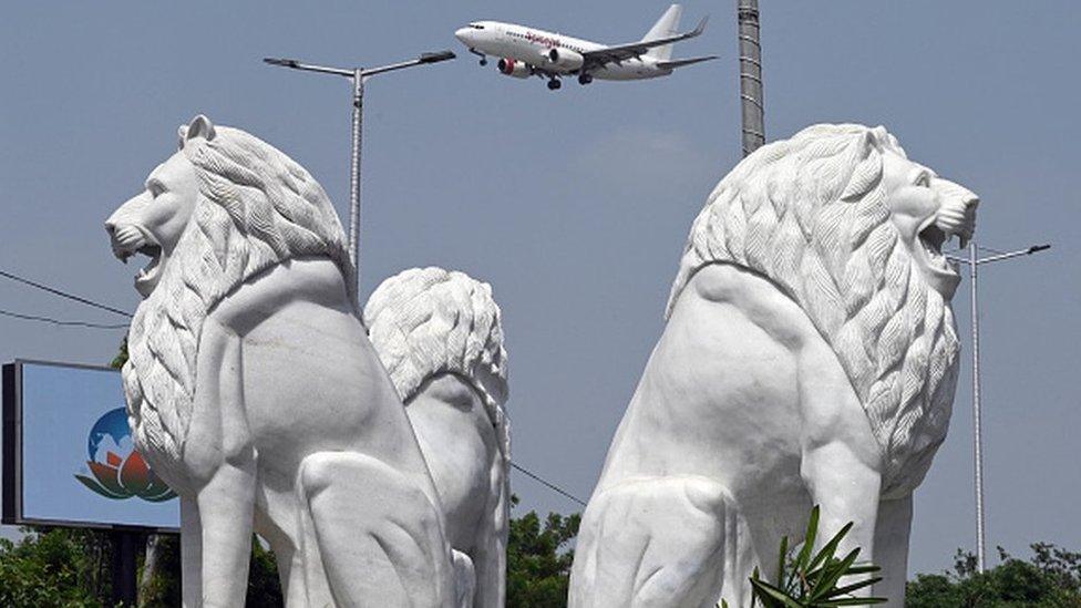 Stone-carved lion statue installed near the IGI Airport in preparation for the G20 Summit on August 30, 2023 in New Delhi, India.