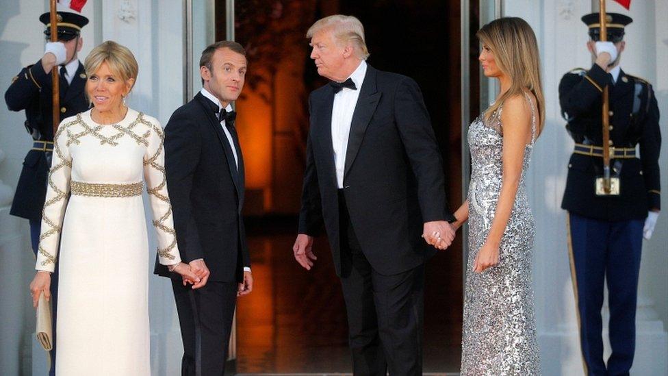 Brigitte Macron with husband, French President Emmanuel Macron, with US President Donald Trump and US First Lady Melania Trump at a state dinner at the White House in Washington on 24 April 2018