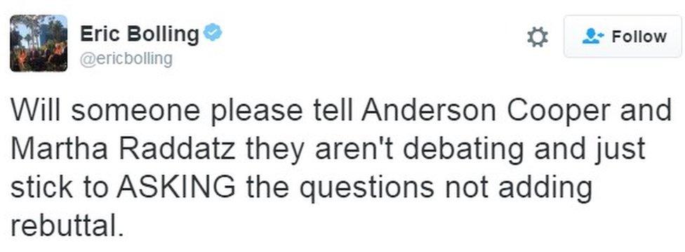 "Will someone please tell Anderson Cooper and Martha Raddatz they aren't debating and just stick to ASKING the questions not adding rebuttal."