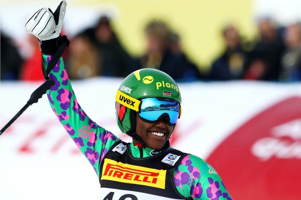 Sabrina Simader of Kenya celebrates at the finish during the Women's Super G during the FIS Alpine World Ski Championships on February 7, 2017 in St Moritz, Switzerland.