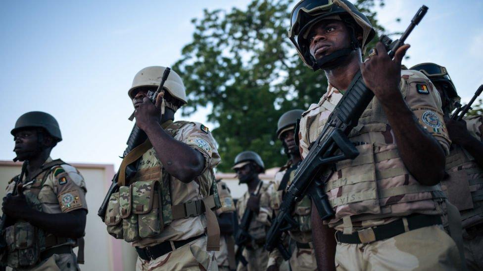 Soldiers at the Force Multinationale Mixte (FMM) base in Mora, in Cameroon's Far North Region, on September 28, 2018.