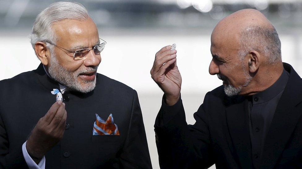 India's Prime Minister Narendra Modi (L) and Afghan president Ashraf Ghani in Kabul Afghanistan December 25, 2015.