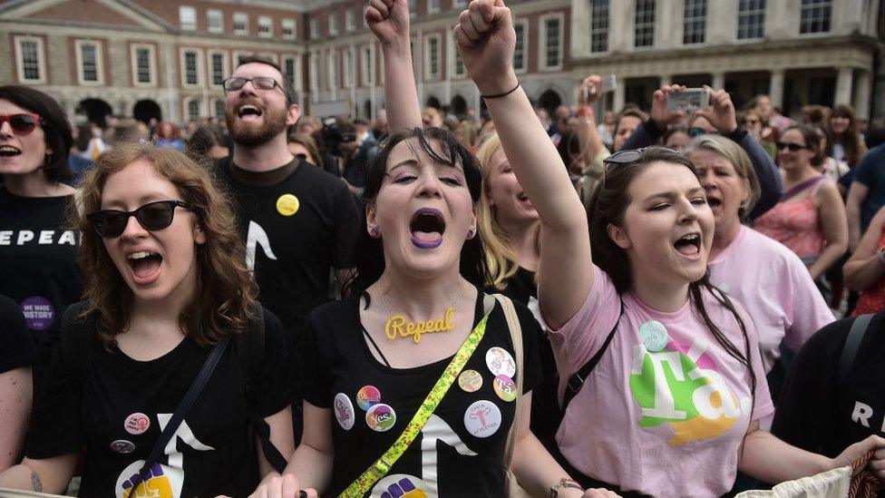 Repeal campaigners celebrate at Dublin Castle