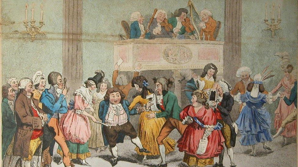 A 17th century painting of people in the Assembly Rooms.