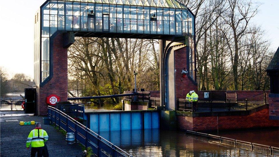 Work continues to the Foss Barrier after the adjoining pumping station became inundated with flood water, on 29 December 2015 in York, England