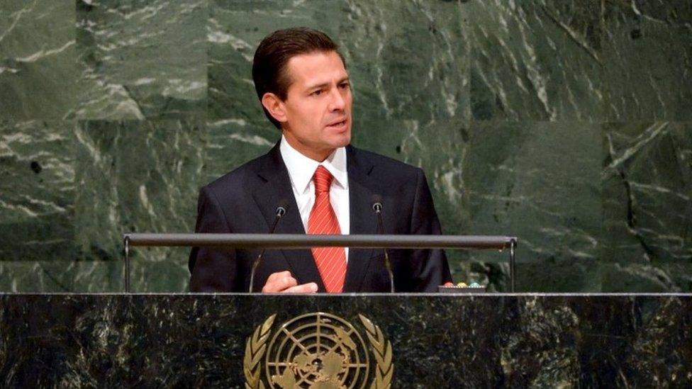 Mexican President Enrique Pena Nieto addresses a special session on the war on drugs at the United Nations General Assembly in New York (19 April 2016)