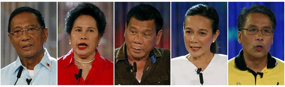 Philippine presidential candidates (left to right) Vice-President Jejomar Binay, Senator Miriam Santiago, Davao city mayor Rodrigo "Digong" Duterte, Senator Grace Poe, and Interior Secretary Mar Roxas, in photos taken during a presidential debate at the University of Pangasinan in Dagupan City, Pangasinan on 24 April 2016