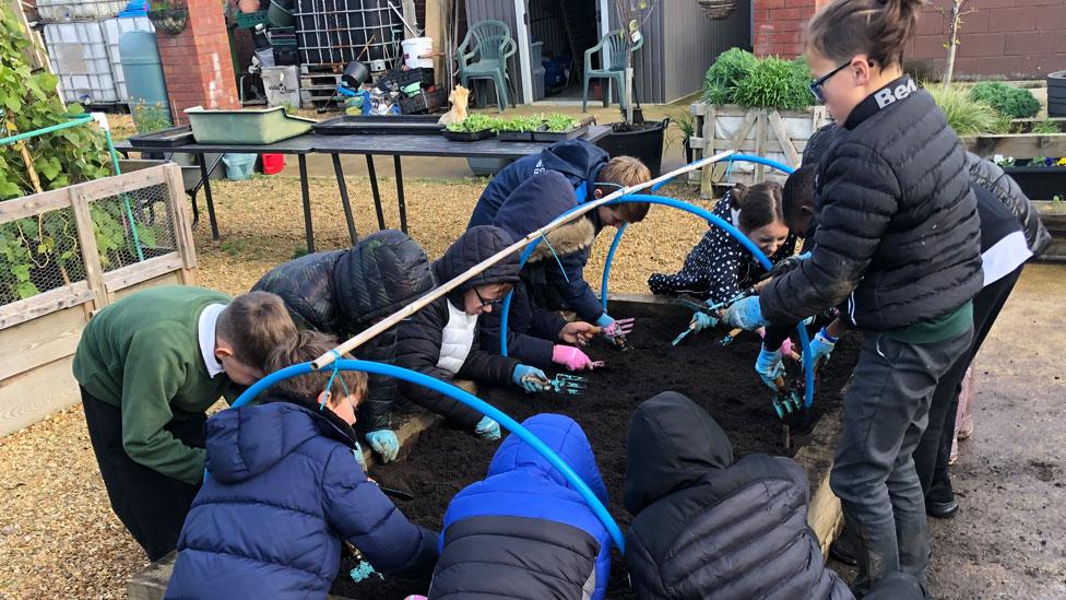 Children gardening in a muddy raised bed