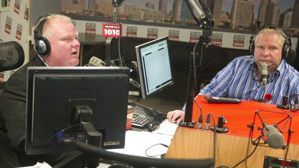 Toronto Mayor Rob Ford (L) and his brother Doug on the Ford's weekly radio show at News Talk 1010 in Toronto, in this 3 November 2013 photo