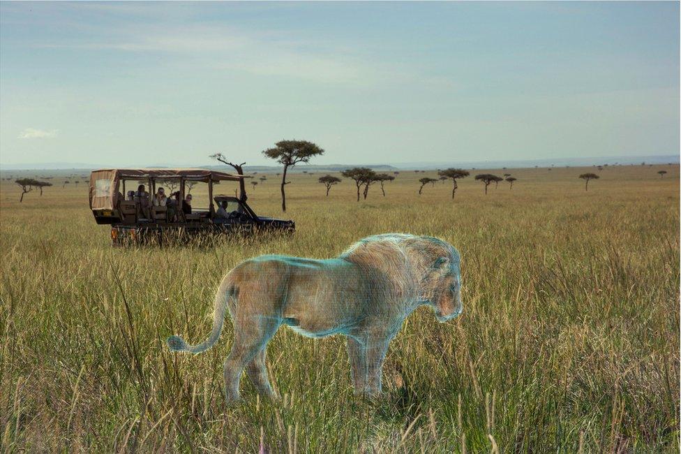 An abstract image of tourists on an African Safari tour looking at a holographic image of a lion