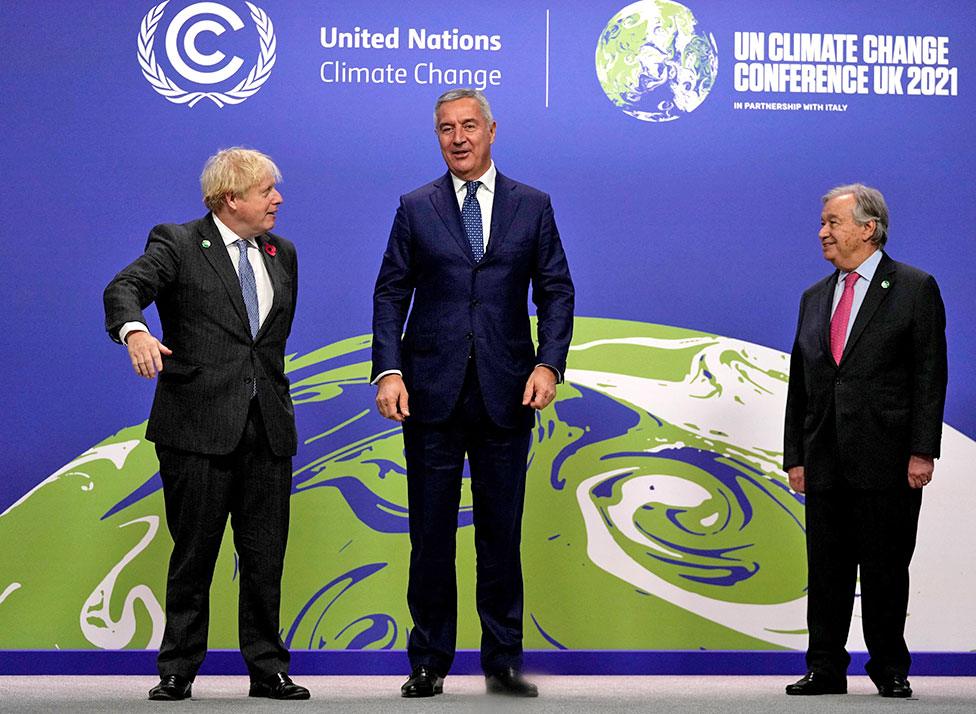 Prime Minister Boris Johnson (left), United Nations (UN) Secretary General Antonio Guterres (right) and Montenegro's President Milo Djukanovic at the COP26 UN Climate Change Conference in Glasgow, Scotland on 1 November 2021