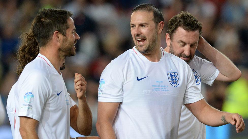 Paddy McGuinness sharing a laugh with Jamie Redknapp during Soccer Aid