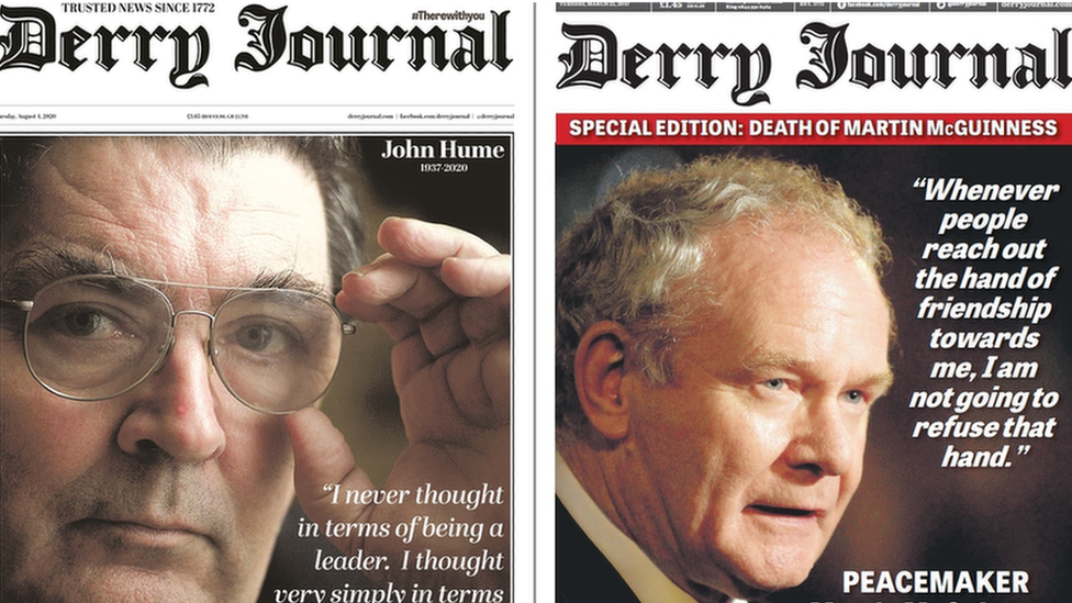 The front pages of the Derry Journal marking the deaths of John Hume and Martin McGuinness