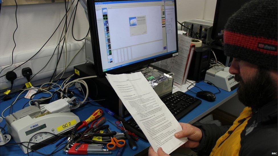 A man reading a sheet of weather observations in front of a computer