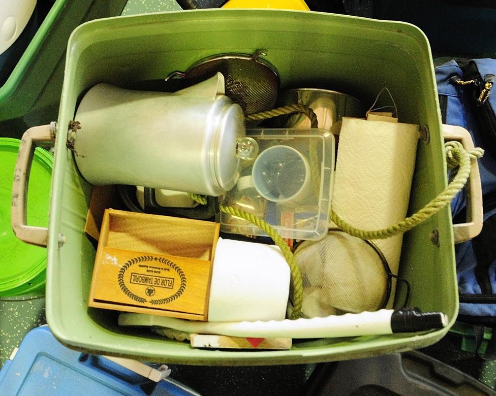 A coffee pot and other items recovered from Knight's camp