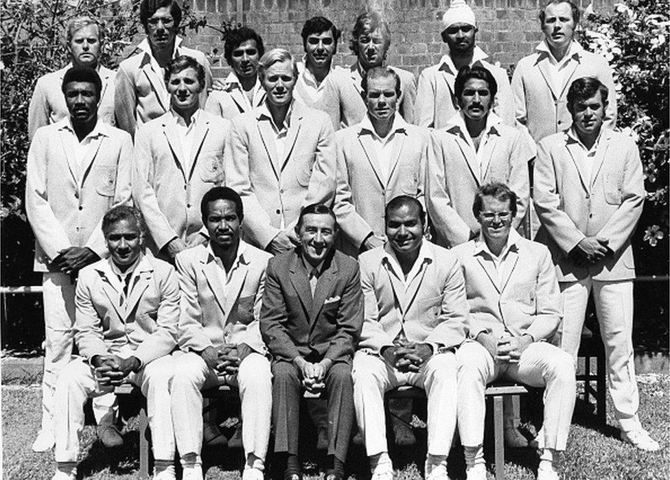 The touring World XI cricket team prior to the Sydney Test match of the Rest of the World XI tour of Australia, 8 January 1972. The match ended in a draw and the Rest of the World XI won the five match series 2-1.Standing (from left) Bob Cunis (NZ), Zaheer Abbas (Pakistan), Sunil Gavaskar (India), Farokh Engineer (India), Bob Taylor (England), Bishan Bedi (India), Norman Gifford (England). Centre row - Clive Lloyd (West Indies), Richard Hutton (England), Tony Greig (South Africa), Peter Pollock (South Africa), Asif Masood (Pakistan), Hylton Ackerman (South Africa).Sitting - Rohan Kanhai (West Indies), Garry Sobers (West Indies - Captain), Bill Jacons (Manager), Intikhab Alam (Pakistan - Vice Captain), Graeme Pollock (South Africa). SMH SPORT Picture by JOHN O'GREADY (Photo by Fairfax Media via Getty Images/Fairfax Media via Getty Images via Getty Images)