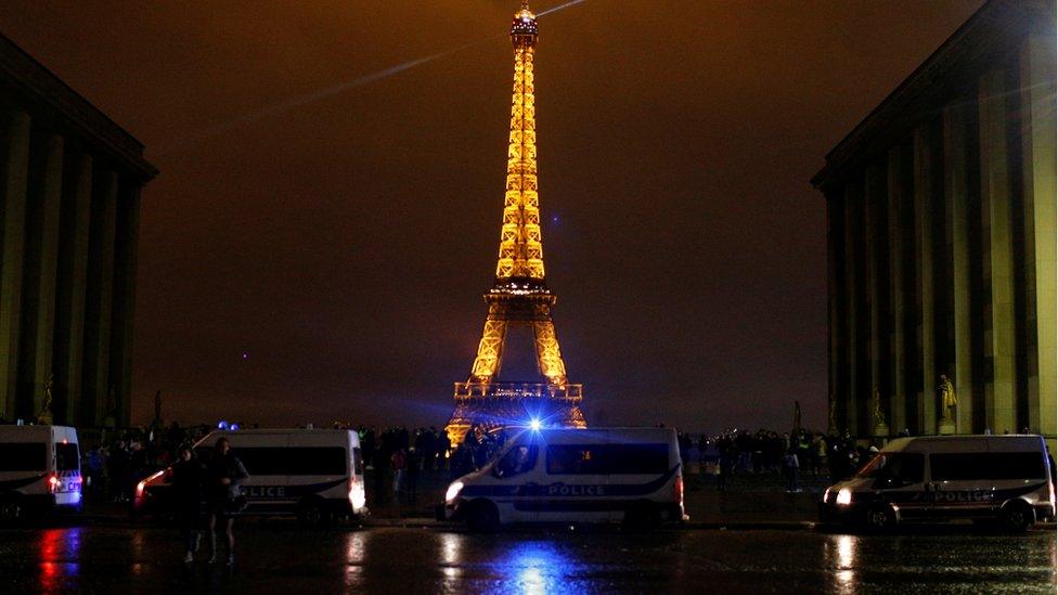 French police forces secure the Trocadero place near the Eiffel tower during a demonstration by protesters on December 1, 2018