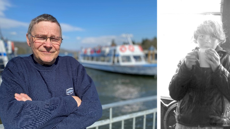 Alex Williamson as a 55-year-old, next to a black and white childhood photo.