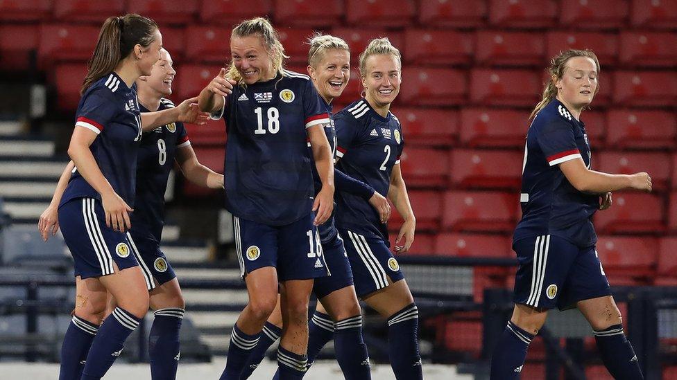 Scotland celebrate their win over Faroe Islands.