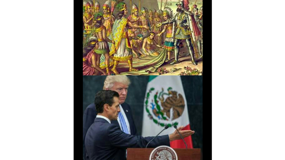 A picture comparing the Spanish conquest to Mexico and a meeting between Donald Trump and Enrique Pena Nieto