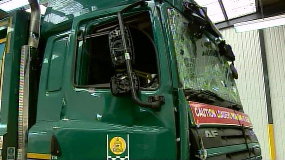 Glasgow bin lorry, with smashed screen