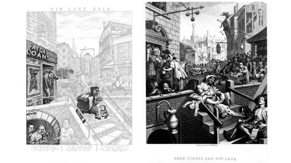 Highlighted version of new Gin Lane (l) original 1751 version (r)