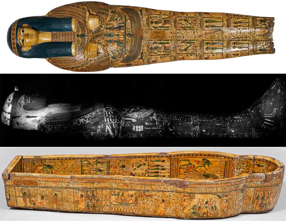 Coffin set belonging to Nespawershefyt, c 1000 BC with coffin lid (above); inner coffin lid (middle); coffin (below)