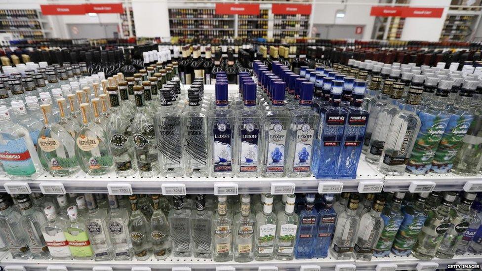 Bottles of alcohol in a Russian supermarket