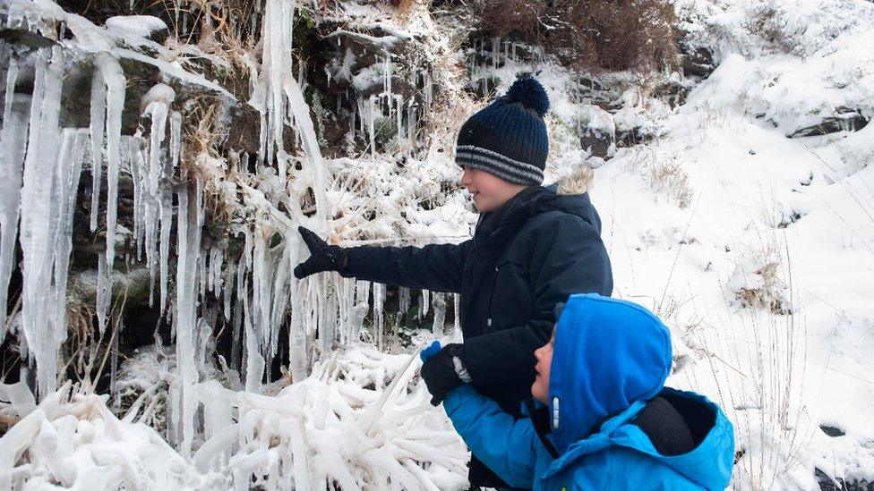 Matthew and Jacob find giant icicles on Bwlch Mountain, Rhondda Cynon Taff