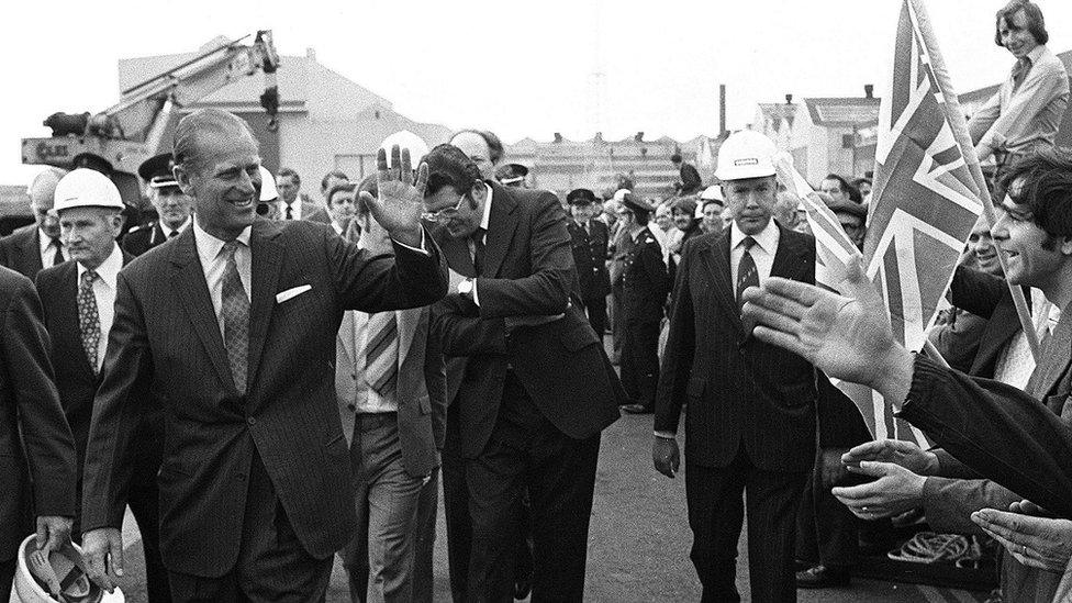The Duke of Edinburgh on a visit to Harland and Wolff in July 1977